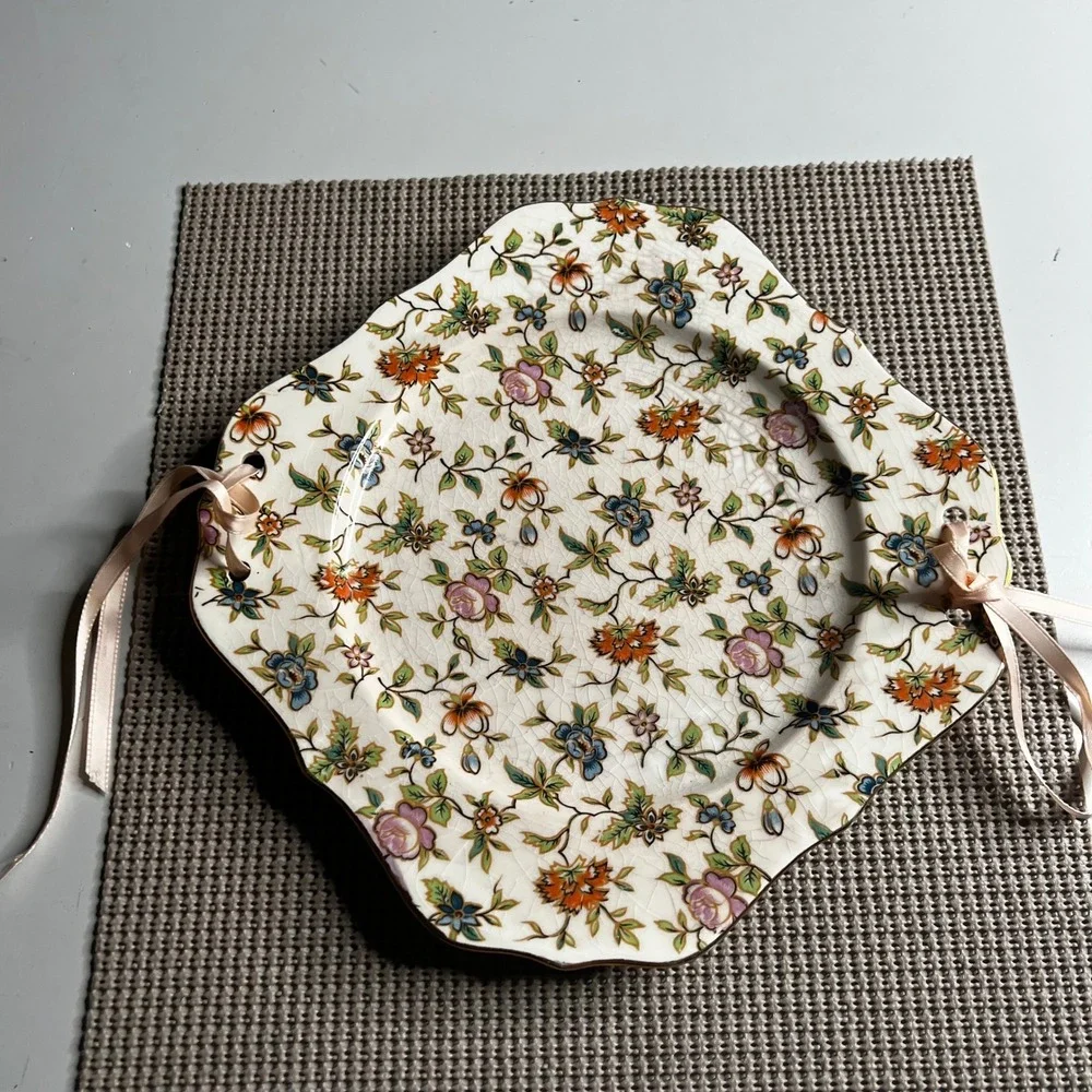 Vintage Hand Painted Japan Floral Chintz Scalloped Square Plate Ribbon Accents